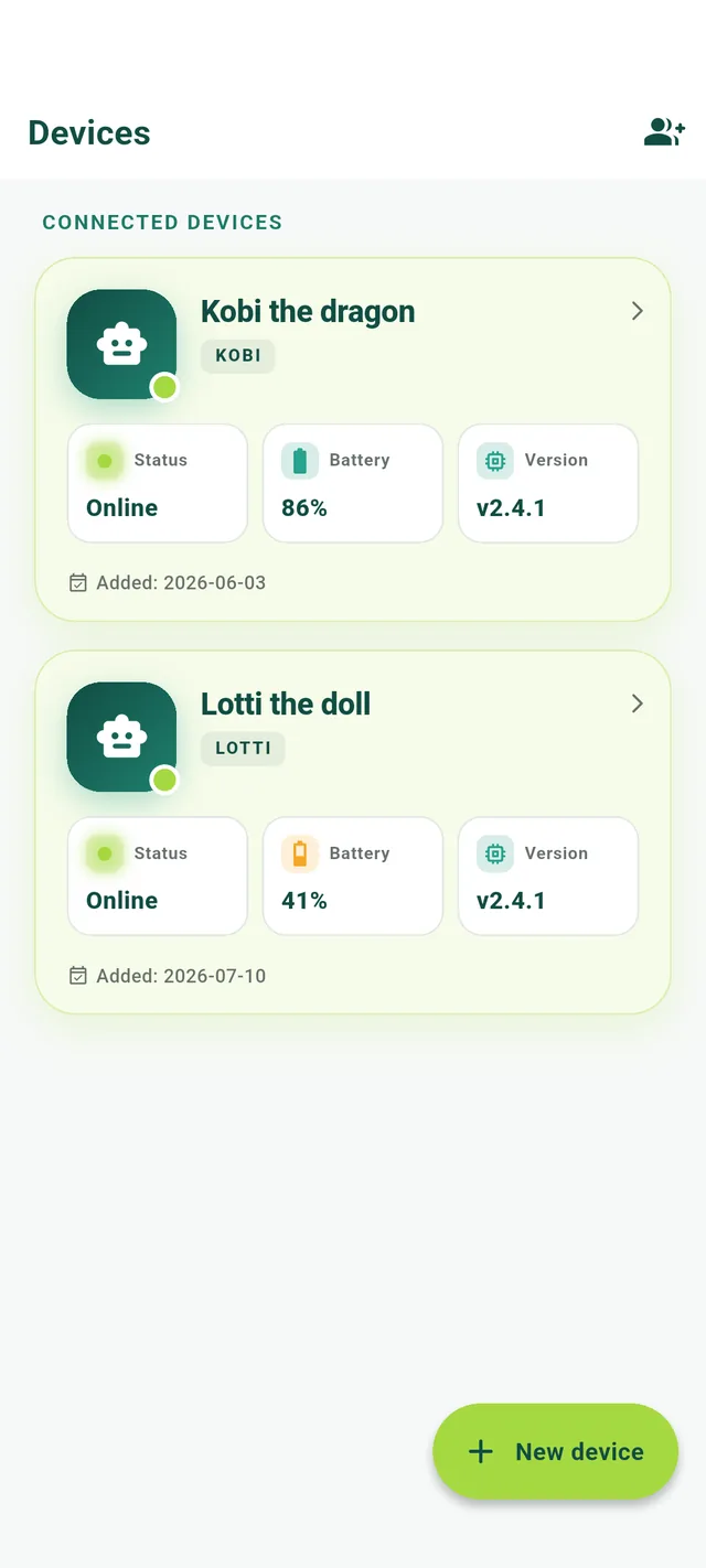 La liste des appareils dans l’application Playnitive : Lotti en ligne, piles à 91 %, Levi hors ligne